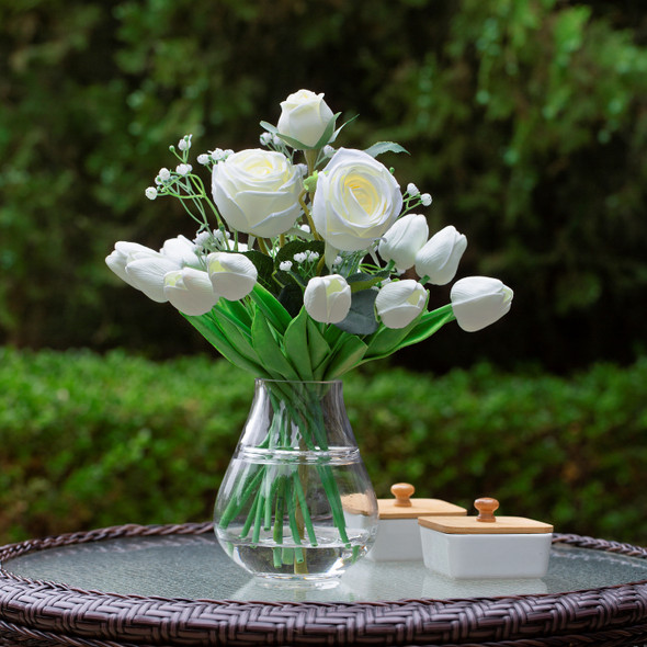 Mixed Rose and Tulip Flower Arrangement in Clear Glass Vase with Acrylic Water (White)