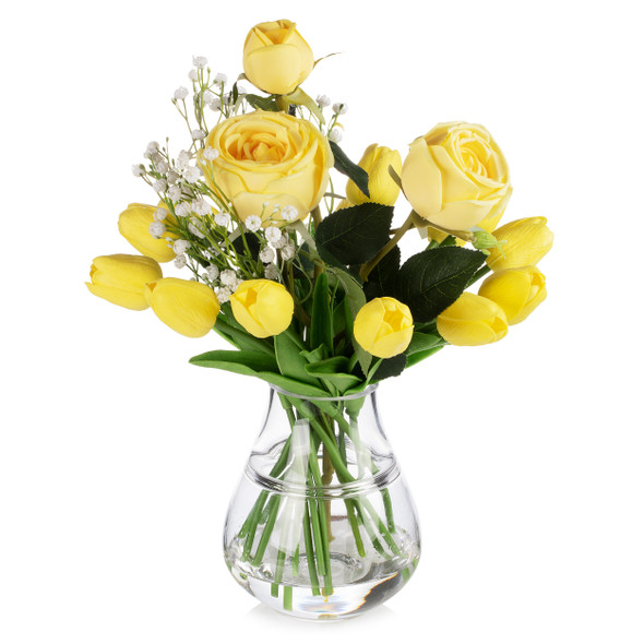 Mixed Rose and Tulip Flower Arrangement in Clear Glass Vase with Acrylic Water (Yellow)