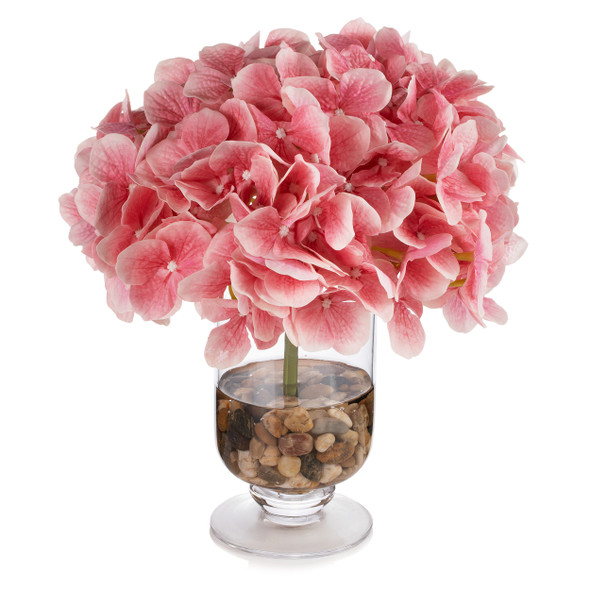 Real Touch Hydrangea Flower in Clear Glass Vase with Acrylic Water (Fushia)