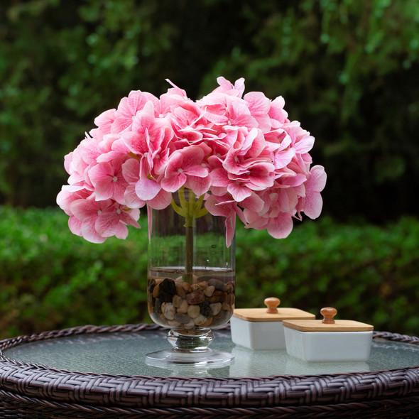 Real Touch Hydrangea Flower in Clear Glass Vase with Acrylic Water (Fushia)