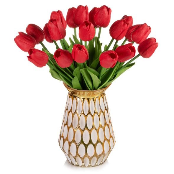 20 Pieces Real Touch Tulip Flower Arrangement in Glass Vase (Red)