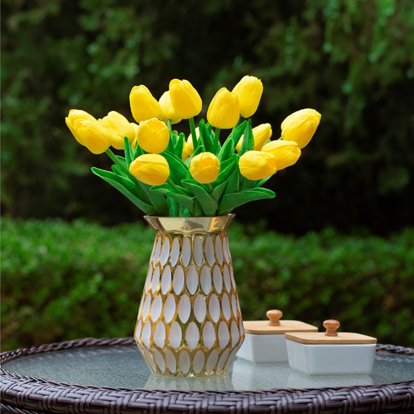 20 Pieces Real Touch Tulip Flower Arrangement in Glass Vase (Yellow)