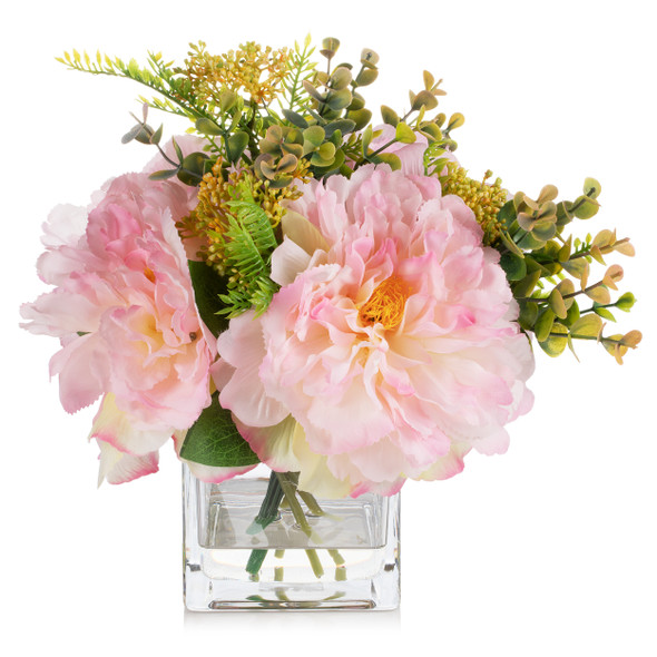 Mixed Silk Peony Flower in Clear Glass Vase With Faux Water