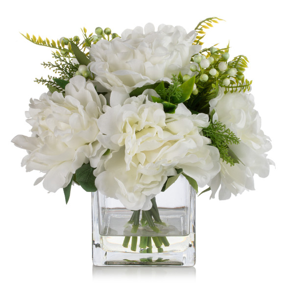Mixed Silk Peony Flower in Cube Glass Vase With Faux Water