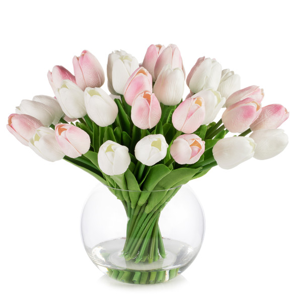 40 Pieces Real Touch Tulip Arrangement in Clear Glass Vase (Pink White)