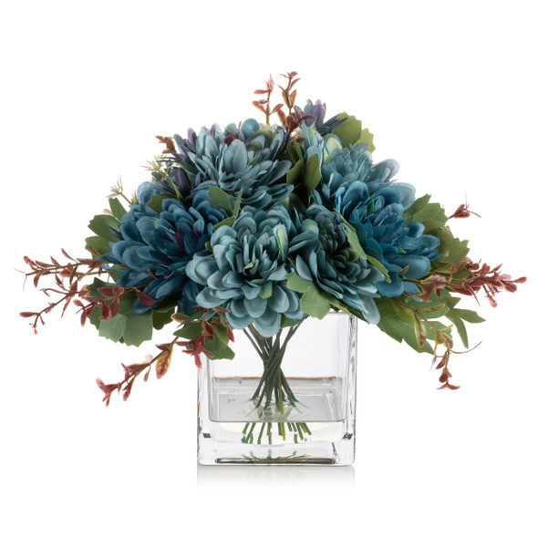 Mixed Daisy Flower Arrangement in Glass Vase with Acrylic Water (Blue)