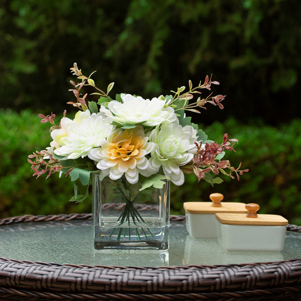 Mixed Daisy Flower Arrangement in Glass Vase with Acrylic Water (Cream Yellow)