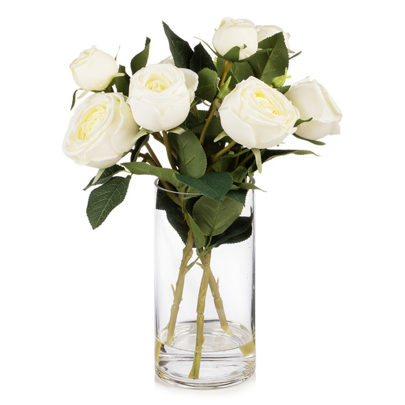 Artificial Silk Rose Flowers in Clear Glass Vase With Faux Water(Cream White)