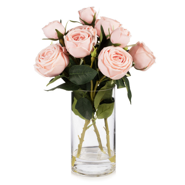 Artificial Silk Rose Flowers in Clear Glass Vase With Faux Water(Light  Pink)