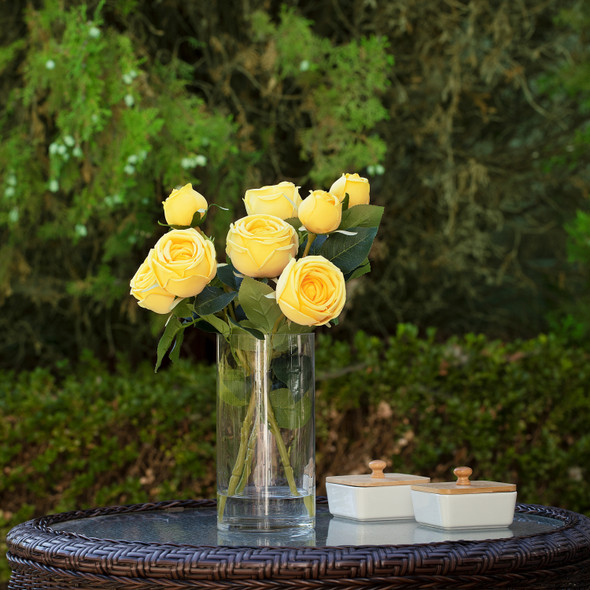 Artificial Silk Rose Flowers in Clear Glass Vase With Faux Water(Yellow)