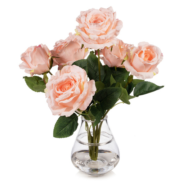 7 Head Artificial Silk Rose Flowers in Clear Glass Vase With Faux Water(Light Pink)
