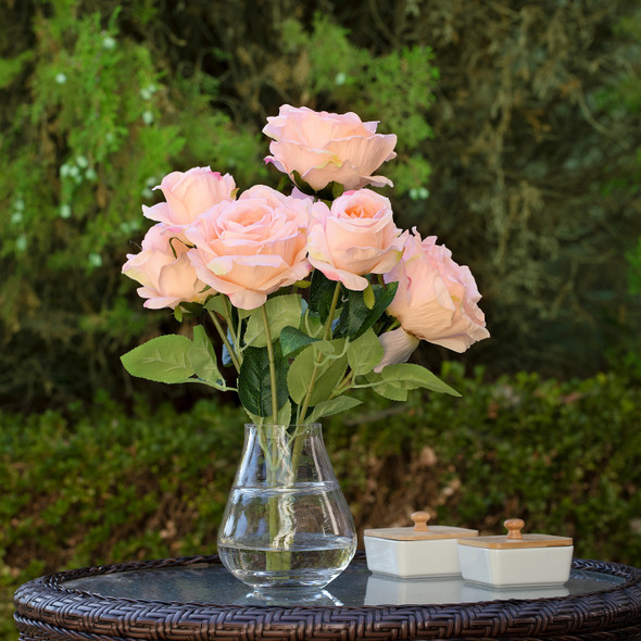 7 Head Artificial Silk Rose Flowers in Clear Glass Vase With Faux Water(Light Pink)