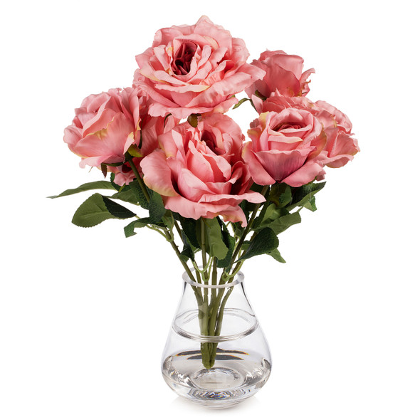 7 Head Artificial Silk Rose Flowers in Clear Glass Vase With Faux Water(Fushia)