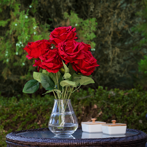 7 Head Artificial Silk Rose Flowers in Clear Glass Vase With Faux Water(Red)