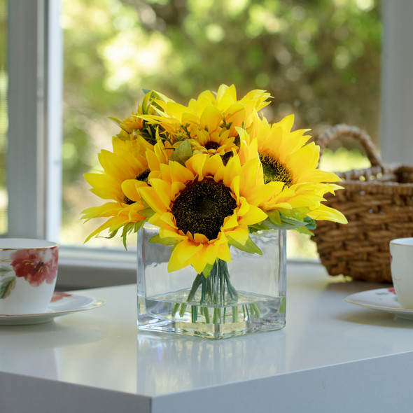 Mixed Artificial Sunflowers Arrangement in Glass Vase