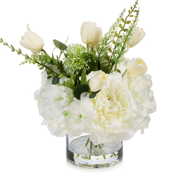 Mixed Artificial Peony and Tulip Flower Arrangement in Glass Vase