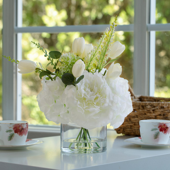 Mixed Artificial Peony and Tulip Flower Arrangement in Glass Vase