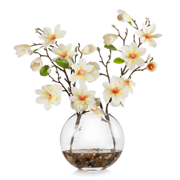 Real Touch Magnolia Flower Arrangement in Glass Vase with Faux Water (Cream Peach) Real Touch Magnolia Flower Arrangement in Glass Vase with Faux Water (Cream Peach)