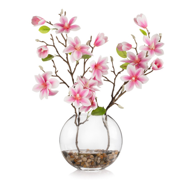 Real Touch Magnolia Flower Arrangement in Glass Vase with Faux Water (Pink) Real Touch Magnolia Flower Arrangement in Glass Vase with Faux Water (Pink)