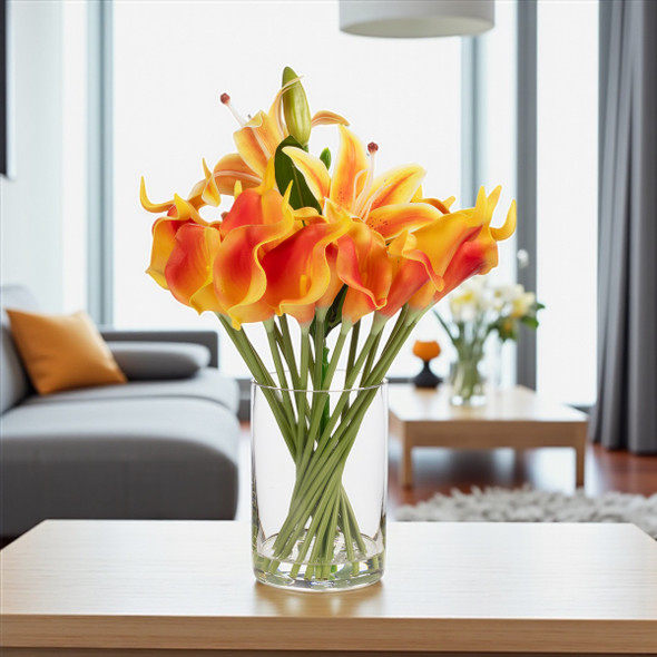 Artificial Real Touch Lily Flower Arrangement in Clear Glass Vase with Faux Water (Orange) Artificial Real Touch Lily Flower Arrangement in Clear Glass Vase with Faux Water (Orange)