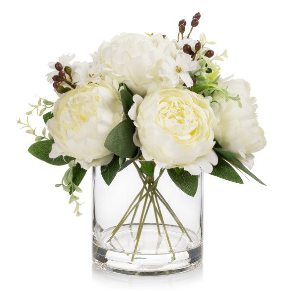 Mixed Artificial Peony Flower Arrangement in Glass Vase with Faux Water (Cream)