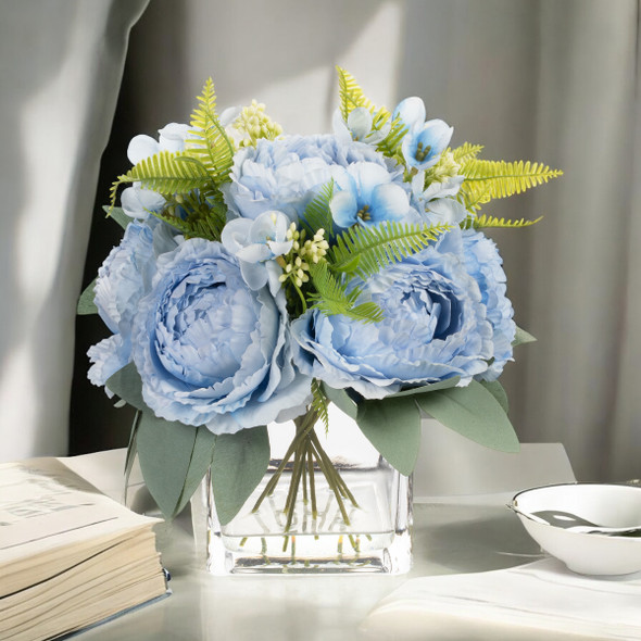 Artificial Peony Flower Arrangement in Glass Vase with Faux Water (Blue)