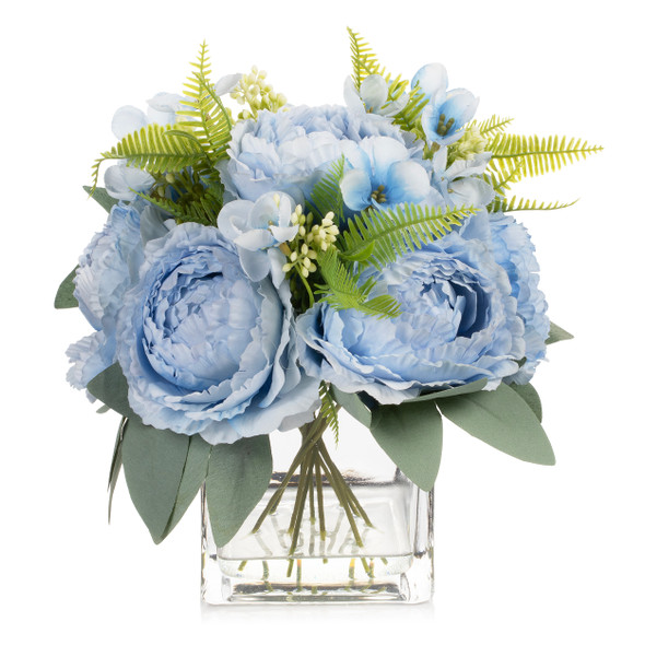 Artificial Peony Flower Arrangement in Glass Vase with Faux Water (Blue)