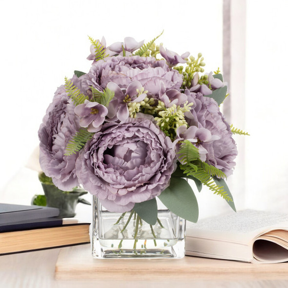 Artificial Peony Flower Arrangement in Vase with Faux Water (Purple)