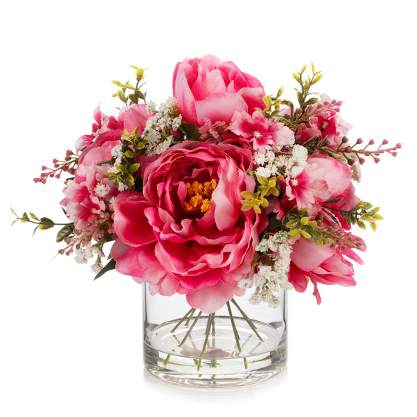 Artificial Peony Flower Arrangement in Glass Vase with Faux Water (Fushia)