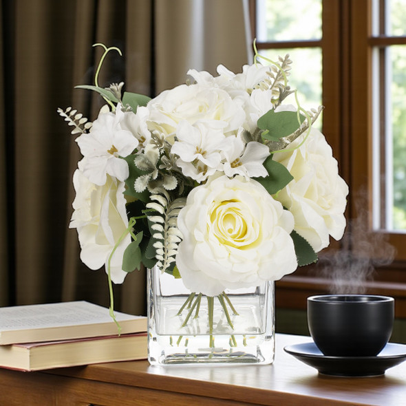 Artificial Rose Flower Arrangement in Glass Vase with Faux Water (Cream)