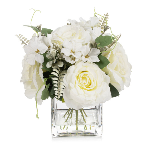 Artificial Rose Flower Arrangement in Glass Vase with Faux Water (Cream)