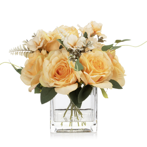 Artificial Rose Flower Arrangement in Glass Vase with Faux Water (Yellow) Artificial Rose Flower Arrangement in Glass Vase with Faux Water (Yellow)