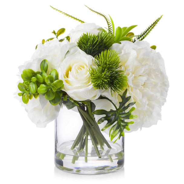 Artificial Peony and Rose Flower Arrangement in Clear Glass Vase