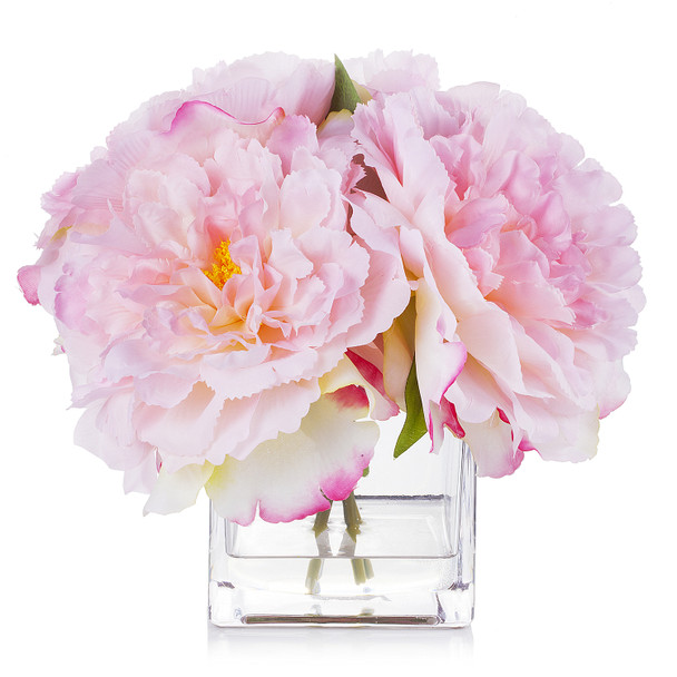 Silk Peony Arrangement in Cube Glass Vase With Faux Water(Pink)