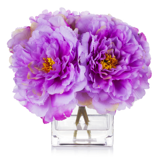 Silk Peony Arrangement in Cube Glass Vase With Faux Water(Purple)