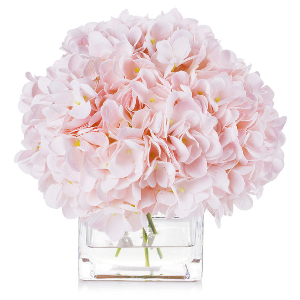 Silk Hydrangea Flower Arrangement in Cube Glass Vase With Faux Water(Pink)