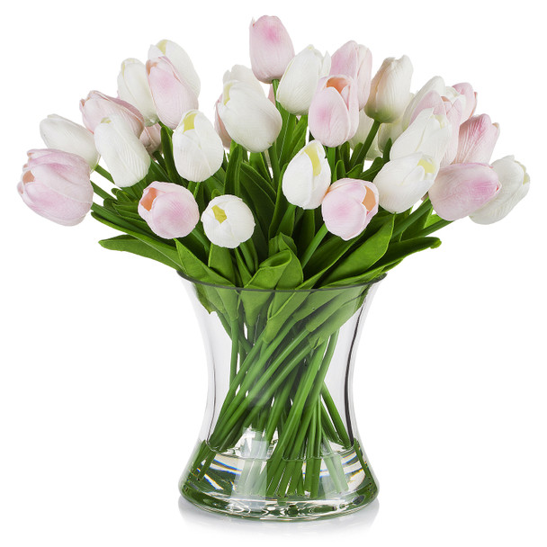 Large Artificial Real Touch Tulip Arrangement in Clear Glass Vase (White Pink)