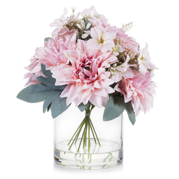 Mixed Artificial Dahlia Flower Arrangement in Clear Glass Vase With Faux Water(Pink)
