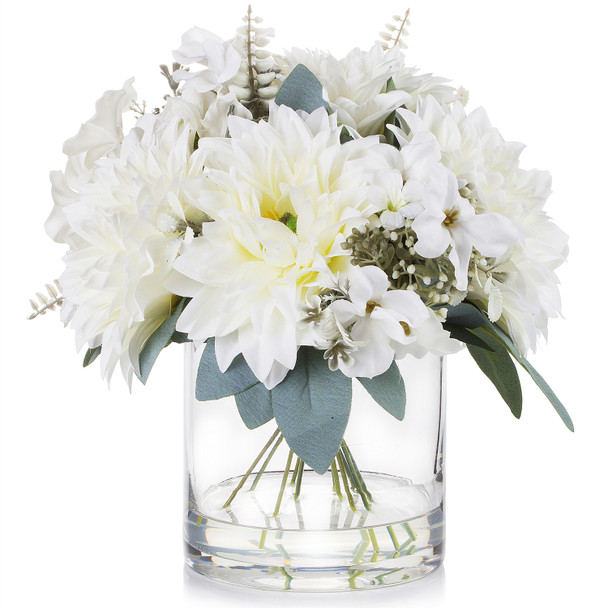 Mixed Artificial Dahlia Flower Arrangement in Clear Glass Vase With Faux Water(Cream)