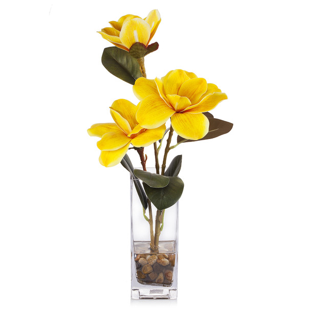 Artificial Real Touch Magnolia Flower Arrangement in Glass Vase With Faux Water and River Rock(Yellow)