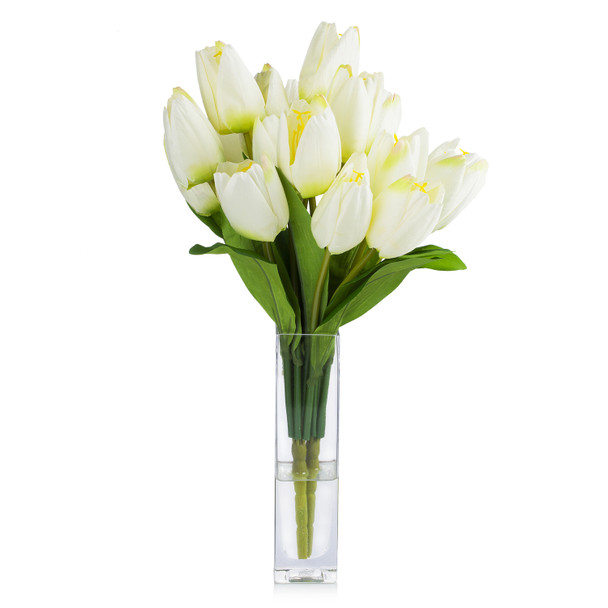 18 Heads Artificial Tulip Flower Arrangement in Glass Vase(White) 18 Heads Artificial Tulip Flower Arrangement in Glass Vase(White)