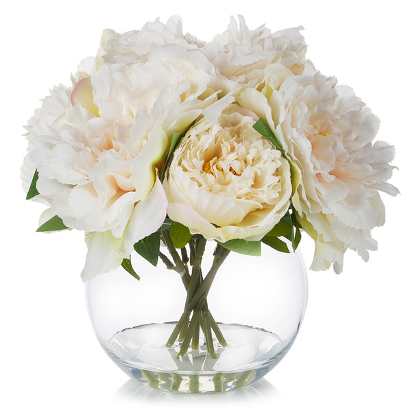 Artificial Silk Peony Flower Arrangement in Glass Vase with Faux Water(Peach)