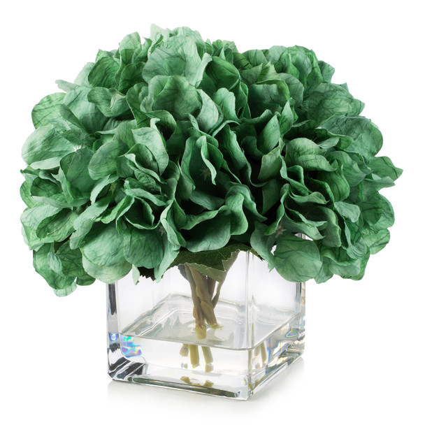 Artificial Silk Hydrangea Flowers in Clear Glass Vase With Faux Water (Aqua)