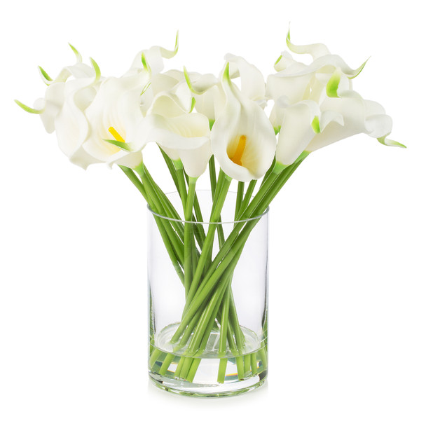 20 Pieces Artificial Real Touch Lily Flower Arrangement in Clear Glass Vase with Faux Water(White)