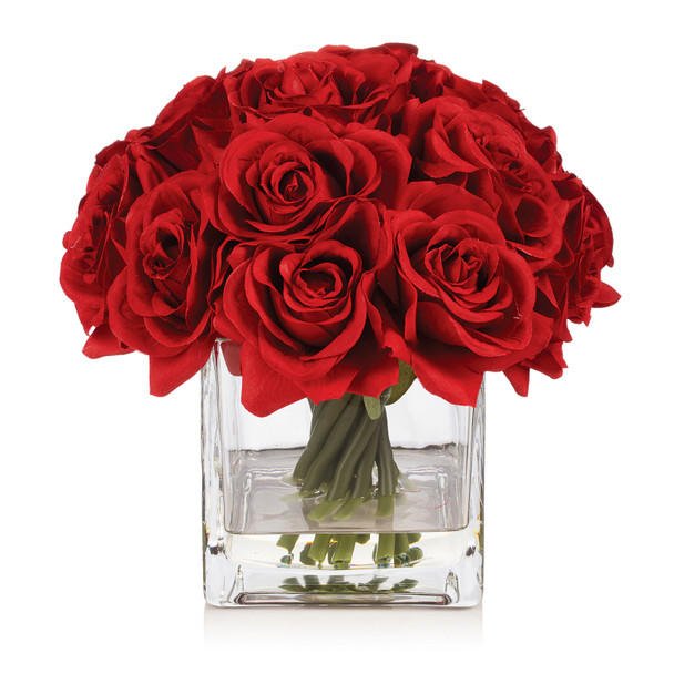 16 Heads Silk Rose Flowers in Glass Vase with Faux Water(Red) 16 Heads Silk Rose Flowers in Glass Vase with Faux Water(Red)