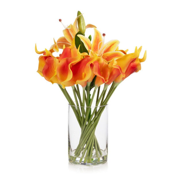 Artificial Real Touch Lily Flower Arrangement in Clear Glass Vase with Faux Water (Orange) Artificial Real Touch Lily Flower Arrangement in Clear Glass Vase with Faux Water (Orange)