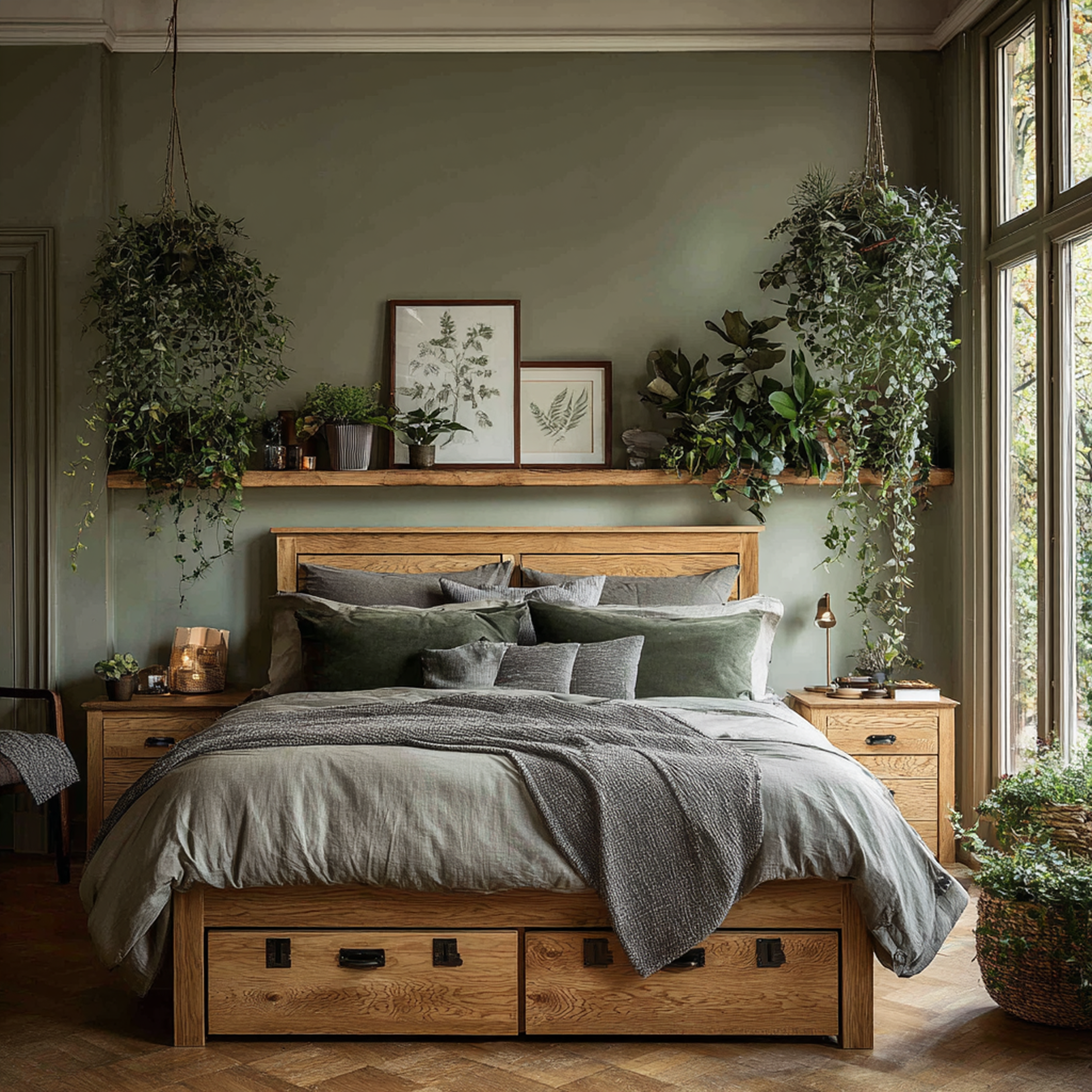 Bedroom nightstand styled with a small vase of greenery
