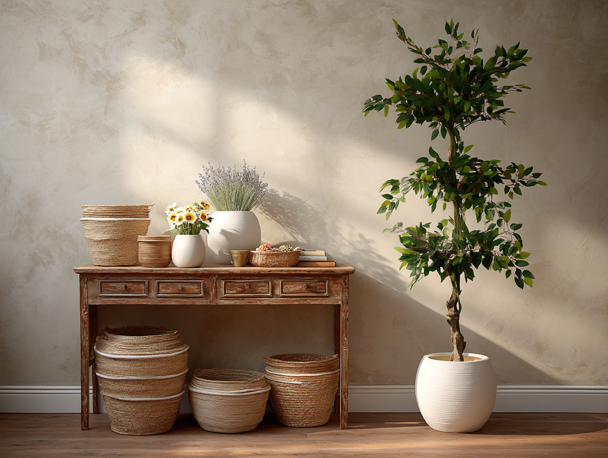 Cozy rustic greenery styled with warm woods and natural textures.