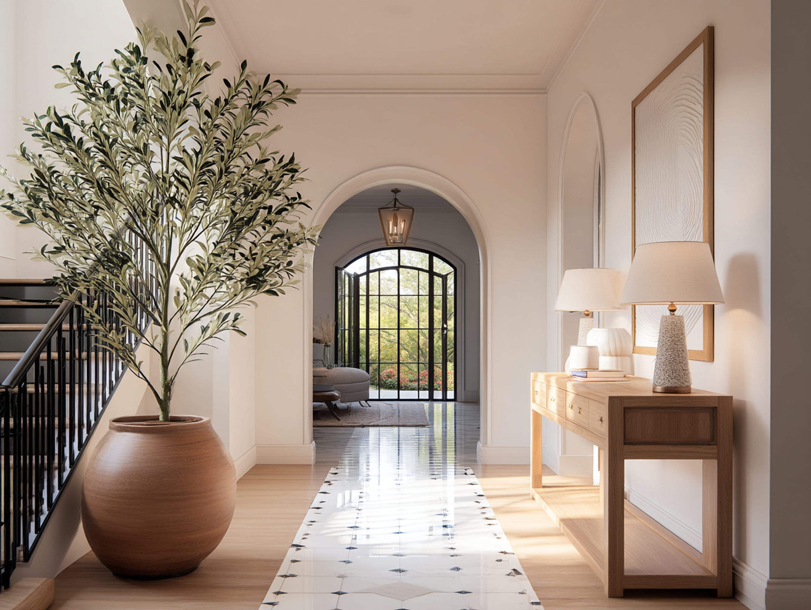 Entryway with olive tree and console table vignette