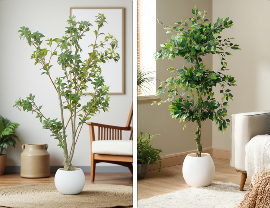 Tall artificial tree styled beside a modern sofa.